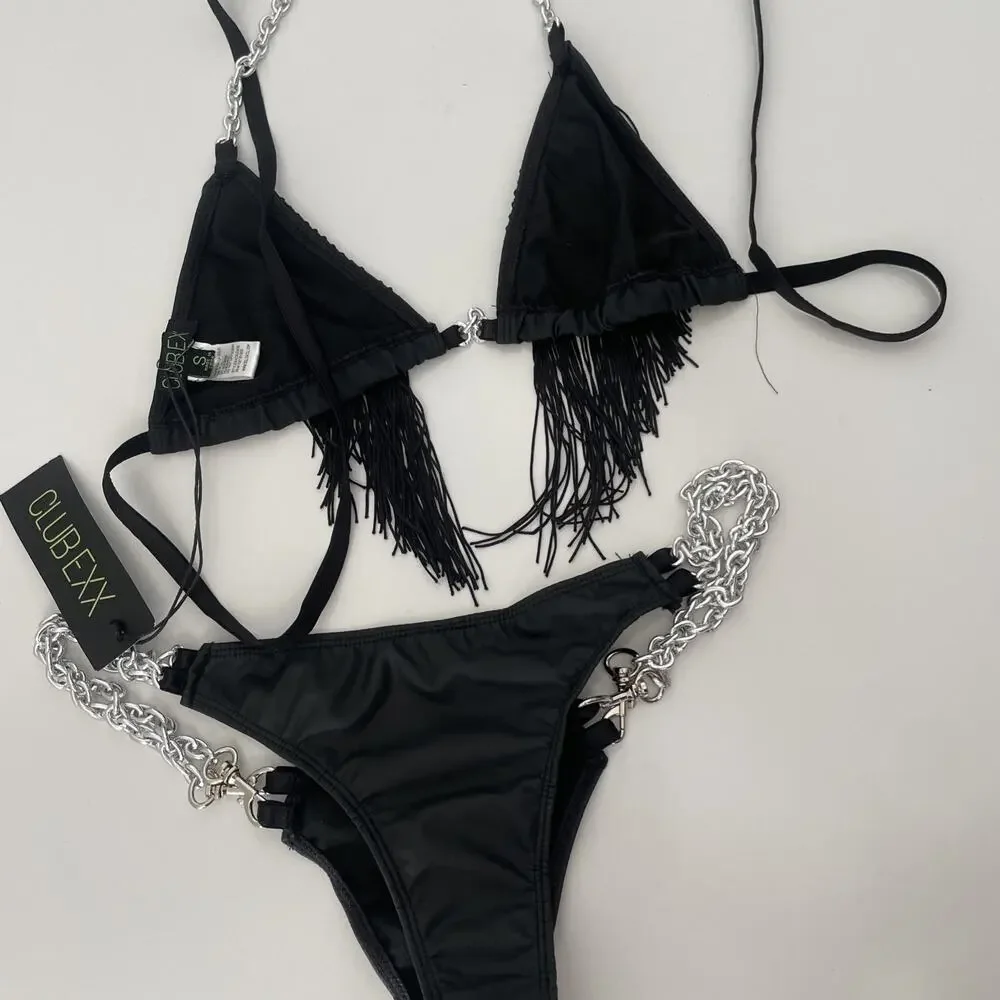 NEW Dolls Kill Club EXX S Black Bikini Chain Closure Fringe Rave Two Piece Set